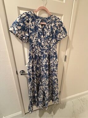 Anthropologie White Maxi Dress with Blue Floral Print